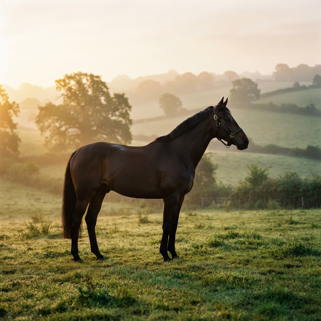 Paard in het gouden ochtendlicht op glooiende weiden